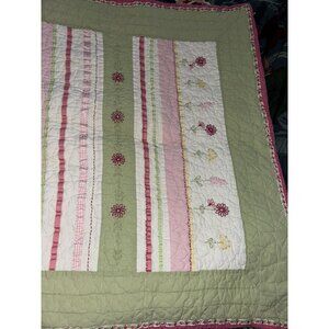 Pottery Barn Kids Crib Quilt Green Pink 32” X 48” Embroidered Floral Stripes
